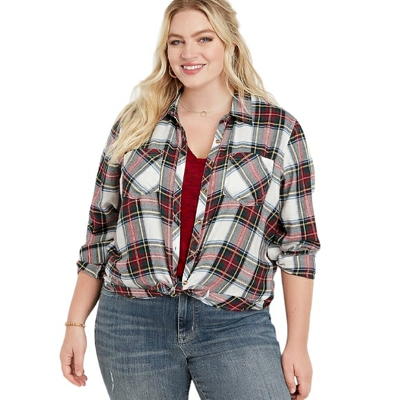 Maurices Double Front Pocket Metallic Tinsel Plaid Button Front Shirt Top 3X - Picture 16 of 16